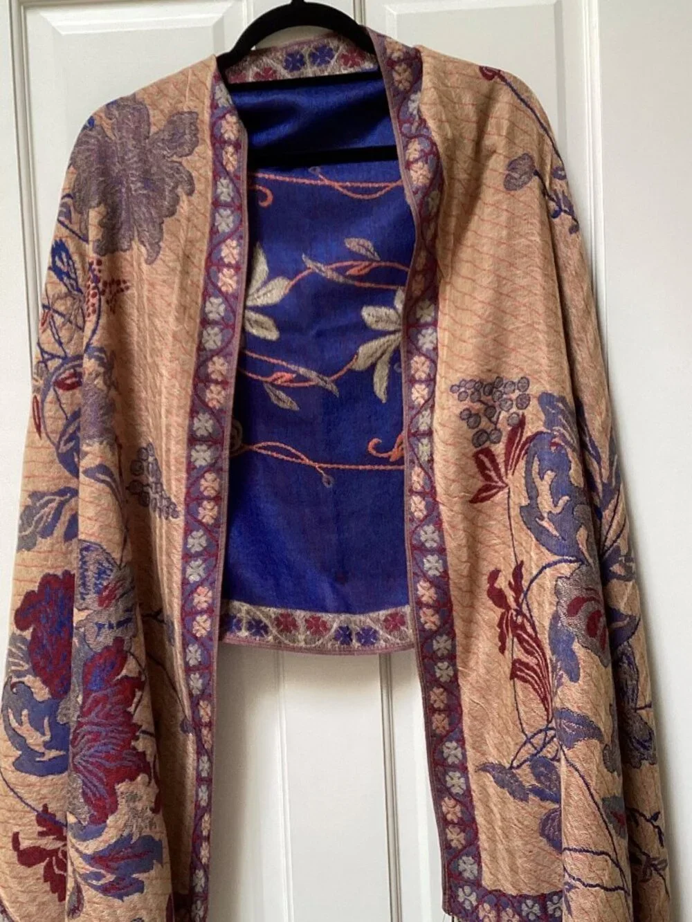 Blue and tan reversible floral shawl, wrap, scarf - 78